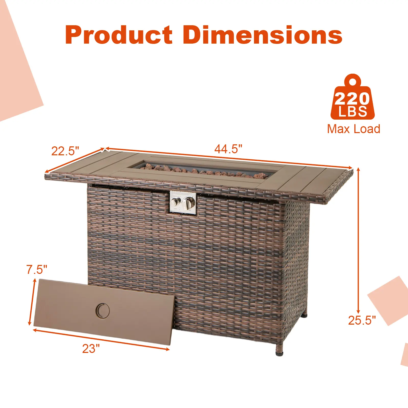 COSTWAY - 44.5 Inch Propane Fire Pit Table Rattan Gas 2-in-1 with Stainless Steel Burner-Brown