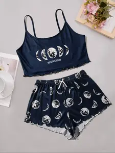 Moon phase pajamas Women's Moon Halter Top & Leopard Print Shorts Pajama Set, Soft Comfortable Casual Sleepwear, 2 Piece Loungewear
