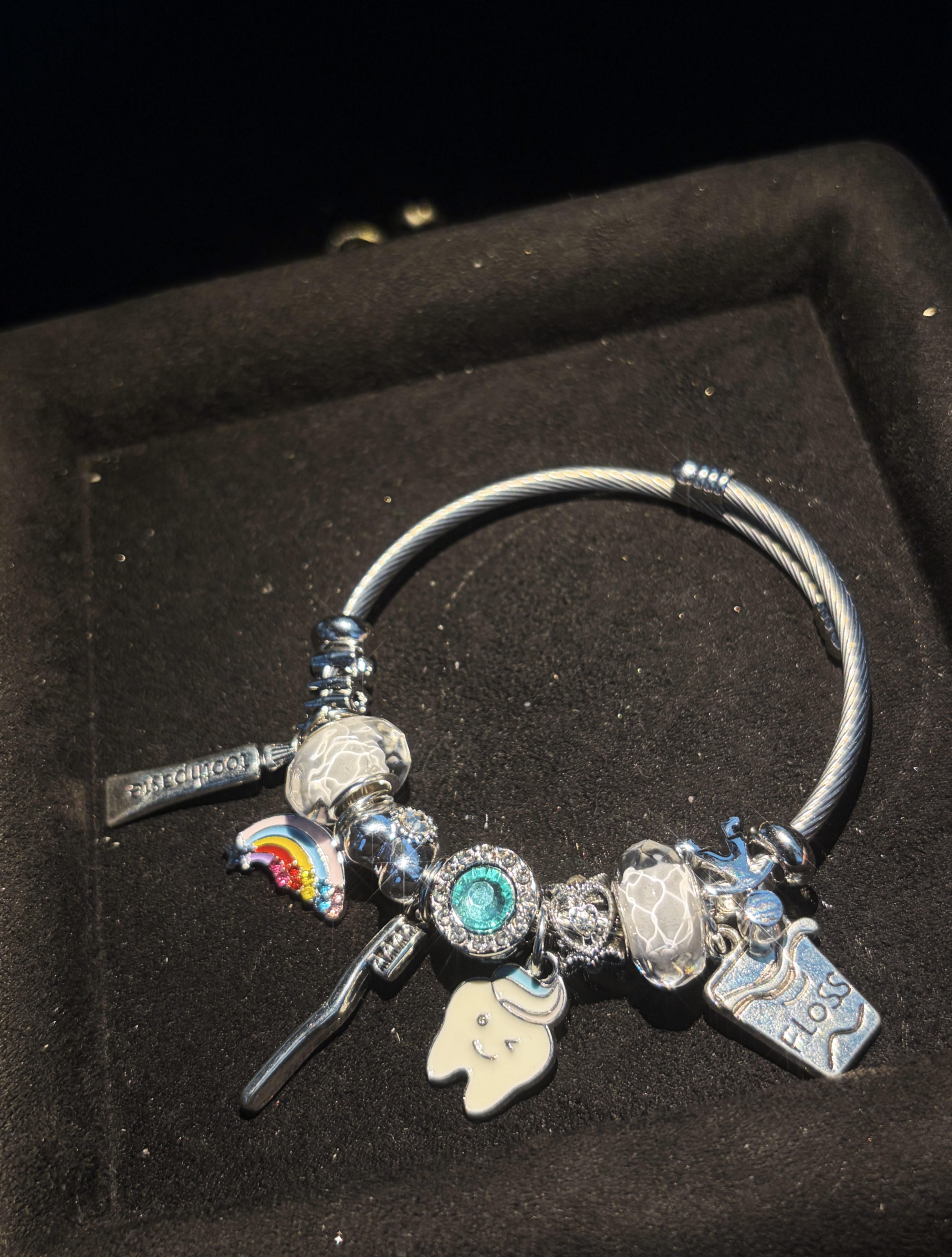 Dentist Themed Charm Bangle Bracelet, Hypoallergenic Alloy Bangle with Cute Tooth, Dental Floss & Rainbow Charms, Fashion Jewelry Gift for Women Girls Dentist Themed Charm Bangle Bracelet, Hypoallergenic Alloy Bangle with Cute Tooth, Dental Floss & Rainbow Charms, Fashion Jewelry Gift for Women Girls