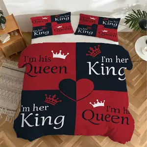 2/3Pcs Romantic 'King Queen' Words Duvet Cover Set, Red and Black Plaid Bedding Set, Soft Cozy, Ideal Gift for Wedding, Anniversary, Birthday for Companion, Bedroom Decoration. Includes 1 or 2 Pillowcase - No Filling/Zipper Closure