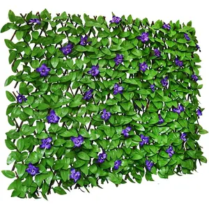 Expandable Privacy Fence Screen, Decorative Faux Ivy Fencing Panel, Artificial Hedges Single Sided Leaves with Purple Flowers for Balcony Patio Outdoor, 1 Pack