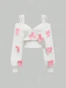 Women's Bow Decor Crop Sweater, Casual Long Sleeve Jumper for Spring, Fashion Women's Knitwear for Daily Wear, Casual Chic Knitwear, Tops, Longsleeves Womenswear