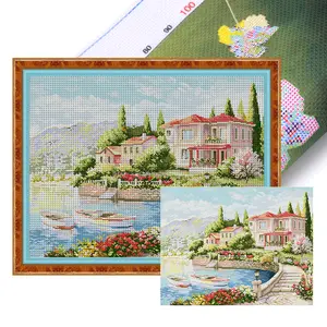 Full Embroidery cotton Thread 11CT Printed Lake Como Cross Stitch 66x55cm
