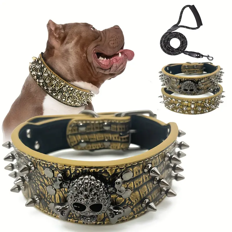 Riveted PU Leather Dog Collar & Leash Combo, Durable Training Aid Pet Supply for Walking, Canine Accessory Riveted PU Leather Dog Collar & Leash Combo, Durable Training Aid Pet Supply for Walking, Canine Accessory