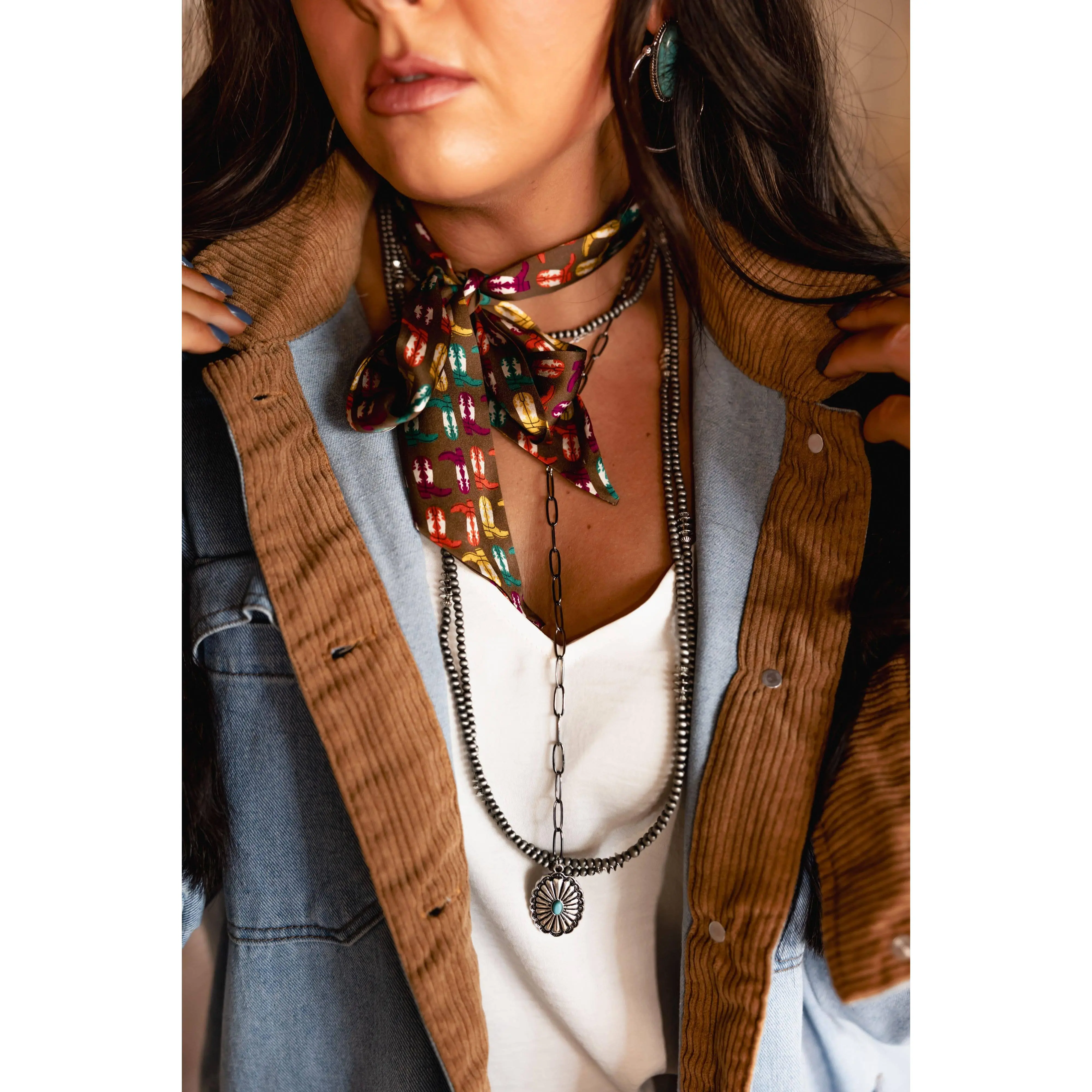 Brown Silk Twilly with Multicolor Cowboy Boots