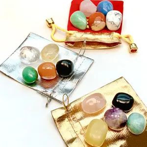 Natural Five Elements Rose Amethyst Clear Yellow Crystal Energy Tumbled Stones Portable Palm Ornaments in Lucky Bag Set