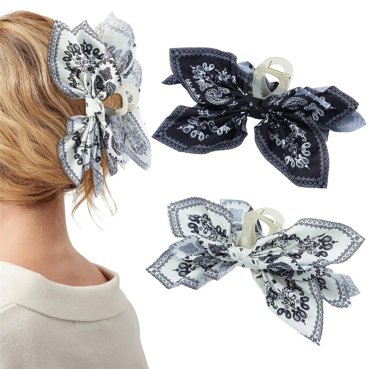 Women's Elegant 2-Pack 5.1" Nonslip Plastic Strong-Hold Chiffon Butterfly Claw Hair Clips, Cashew-Printed Paisley, Bows, Bun/Cinch/Colorful Bow Styles, for Thin & Thick Hair, Bun Hair Claws