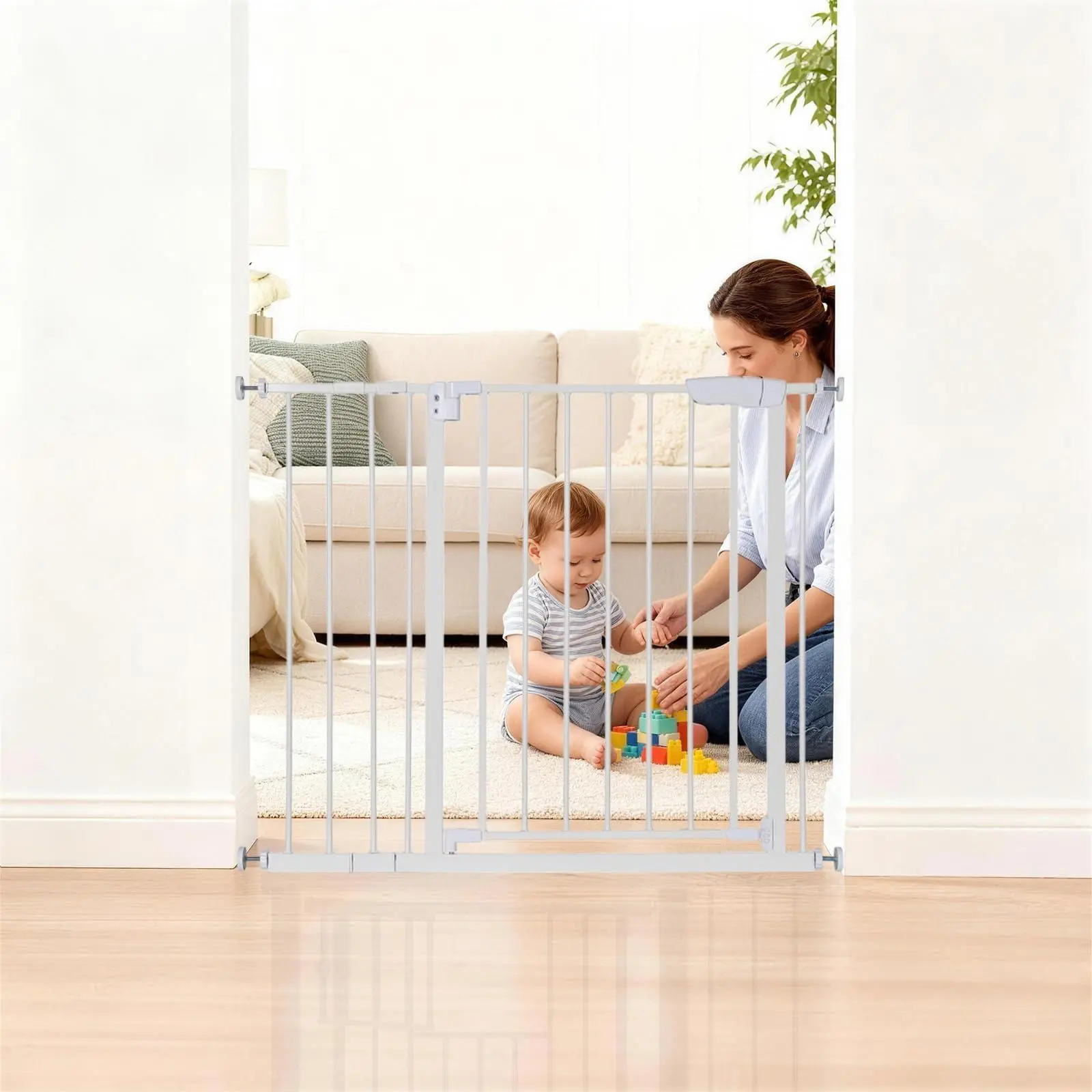 Pet Safety Gate, 30–41 Inch Wide Pressure Mount Dog Gate with Double Lock, Drill-Free Indoor Pet Barrier Gate for Doorways, Hallways, Stairs，White&Standard