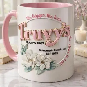 Truvy’s Beauty Spot Mug – Vintage Hair Salon Coffee Cup, Southern Style Pink Aesthetic 3D Floral Mug, Hairstylist Gift for Women