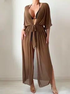 One-Piece Kimono Hoodie Coffee Color Solid Loose Casual Sun Protection Beachwear Swimwear Cover Up, Comfortable and Stylish All-Season Wear Swimsuit Cover Up