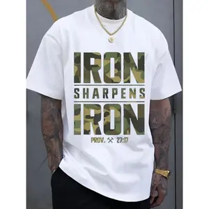 CMBT Men'S Oversized Cotton Graphic T-Shirt - "IRON SHARPENS IRON" & Proverbs 27:17 Bible Verse Design, Geometric Print Casual Streetwear Tee, Breathable Summer Top, Machine Washable, Summer Fashion |   Camouflage Pattern |   Durable Fabric