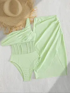 New Elegant Women's One-Piece Swimsuit, Single Shoulder Design, Waist Mesh Cutout, Simple and Elegant Set, Summer Beachwear