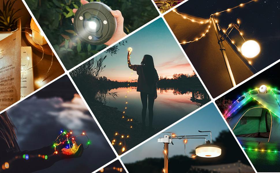 XTAUTO 4 in 1 Quick Storage LED Camping String Lights, 8 Lighting Modes Waterproof Portable Tent Lights, Outdoor Patio Garden Party Halloween Emergency Camping Essentials