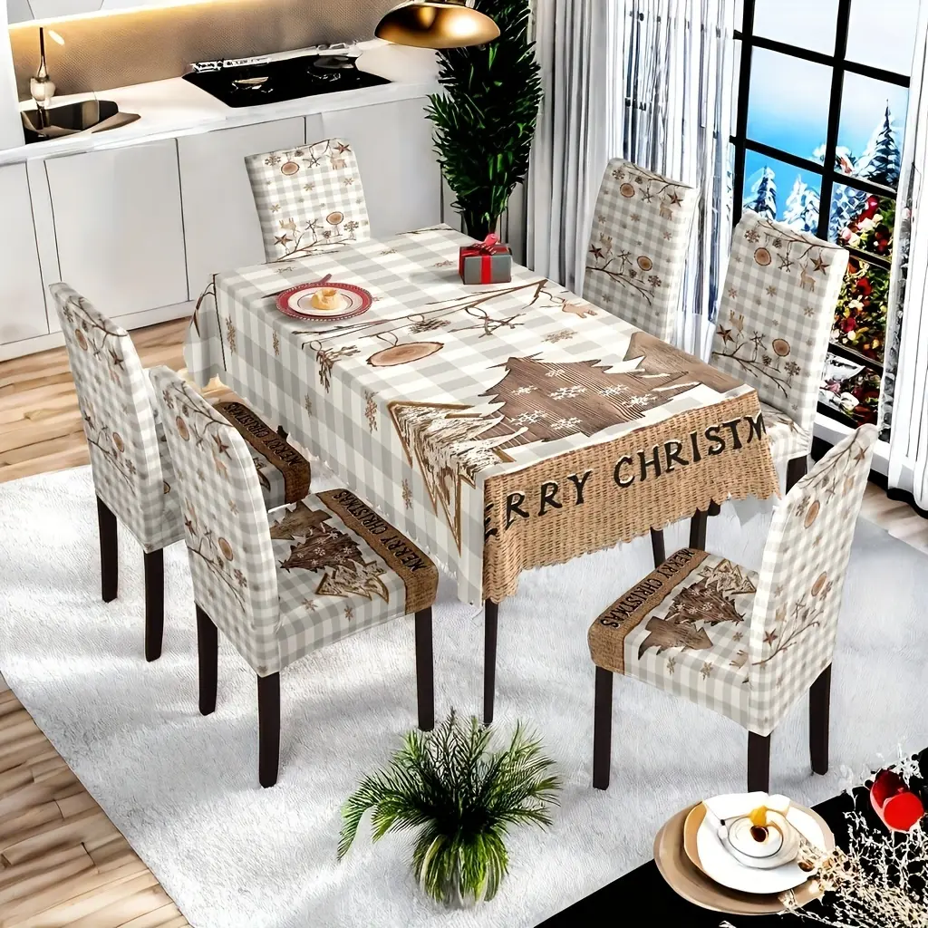 Neutral Buffalo Check Farmhouse Christmas Tablecloth & Chair Covers Set, Rustic Wooden Xmas Tree Stretch Slipcovers 5PC/7PC