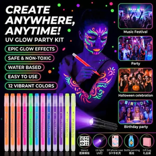 12-Pack Glow-in-the-Dark Highlighter Set With Sticker Stencils And UV Light, FluorescentMarkers For Stage Makeup, Halloween, Carnival, Music Festivals, Birthday Parties, Suitable ForDrawing, Journaling, Poster Making, Scrapbooking, And Art Supplies