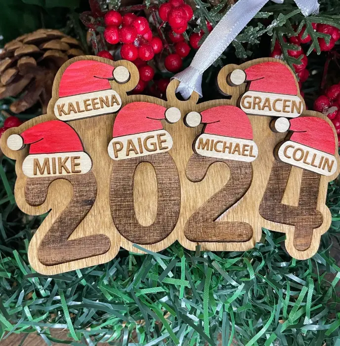 Family Ornament, Personalized Christmas Ornament, Family Christmas Ornament, Engraved Ornament, Santa Hat Ornament, Yearly Ornament