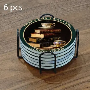6-piece ceramic coaster set, featuring a retro design with classic books and tea culture themes. These heat-resistant, non-slip coasters come with a holder, perfect for home or dining table decorations and beverage mats.