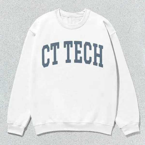 CT Tech Collegiate Crewneck Sweatshirt - Unisex Grey Menswear Pullover, Casual Long Sleeve Tops for CT Technologists, Crew Neck, Slogan Print, Round Neck, Letters
