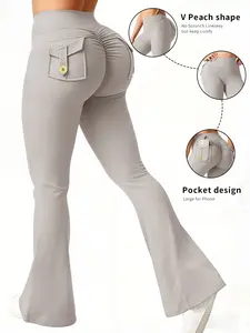 New High-Waisted Micro Flare Pants, Waist Cinching Design, Pockets & Metal Buttons, Stretchy Fabric, Versatile for Various Occasions