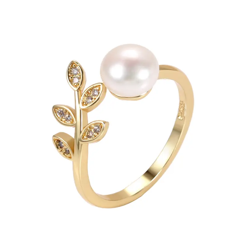 Unique Statement Ring with Freshwater Pearl, Minimalist Leaf-Shaped Adjustable Band for Women, Statement Rings, Pearl Embellished, Unique Rings