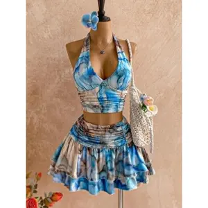 SYHAN 2026 Latest 2pcs Set Blue Tone Ink Wash Style Halter Neck Backless Dress & Sleeveless Tie Dye Skirt for Spring Summer Vacation Date Occasions Soft Fabric Womenswear