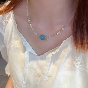 Natural Aquamarine Necklace White Crystal Strawberry Crystal Pendant For Girlfriend And Wife