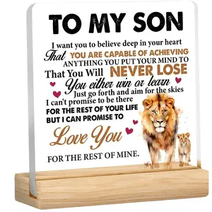 Inspirational Lion Family Acrylic Desktop Decorative Plaque Sign with Wooden Stand, Encouraging Gift for Son, Indoor Decoration for Any Room, Home Office Decoration