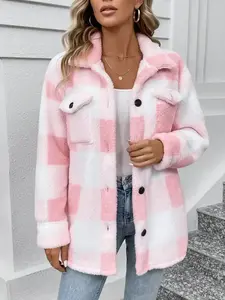 Women's Flannel Jacket Button-Down Sherpa Wool Coat, Plus Size Plaid Short Outerwear, Soft Puffy Sweater Jacket for Summer