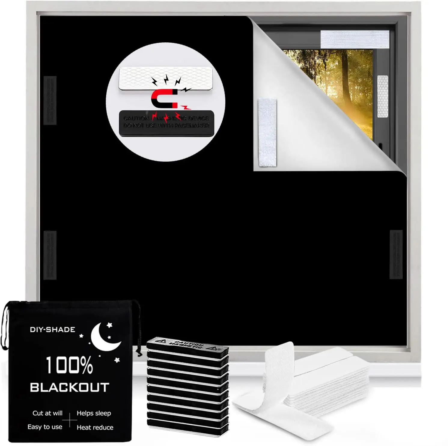 Blackout Blind - 100% Blackout, No-Drill Strong Magnetic Installation, Easy-Install Sunshade for Home, Doors & RV, No Drill Window Shades (98"x57", Black)