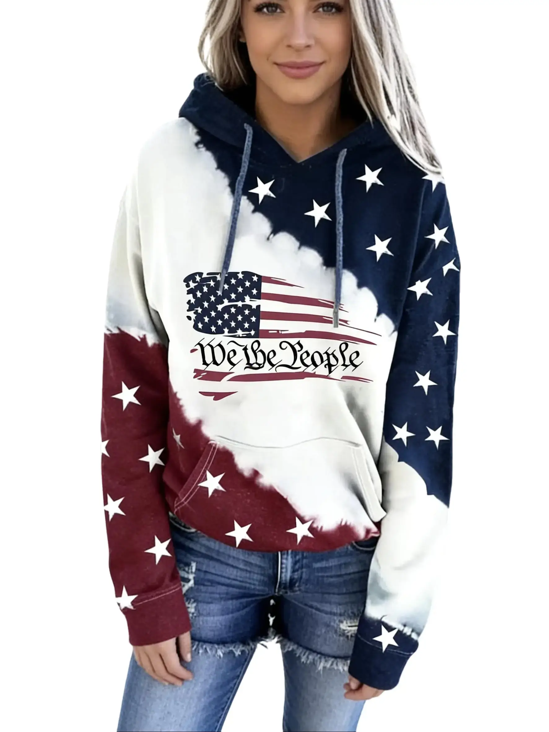 Women's "We The People" American Flag Print Hoodie, Tie Dye Stars & Stripes Patriotic Sweatshirt