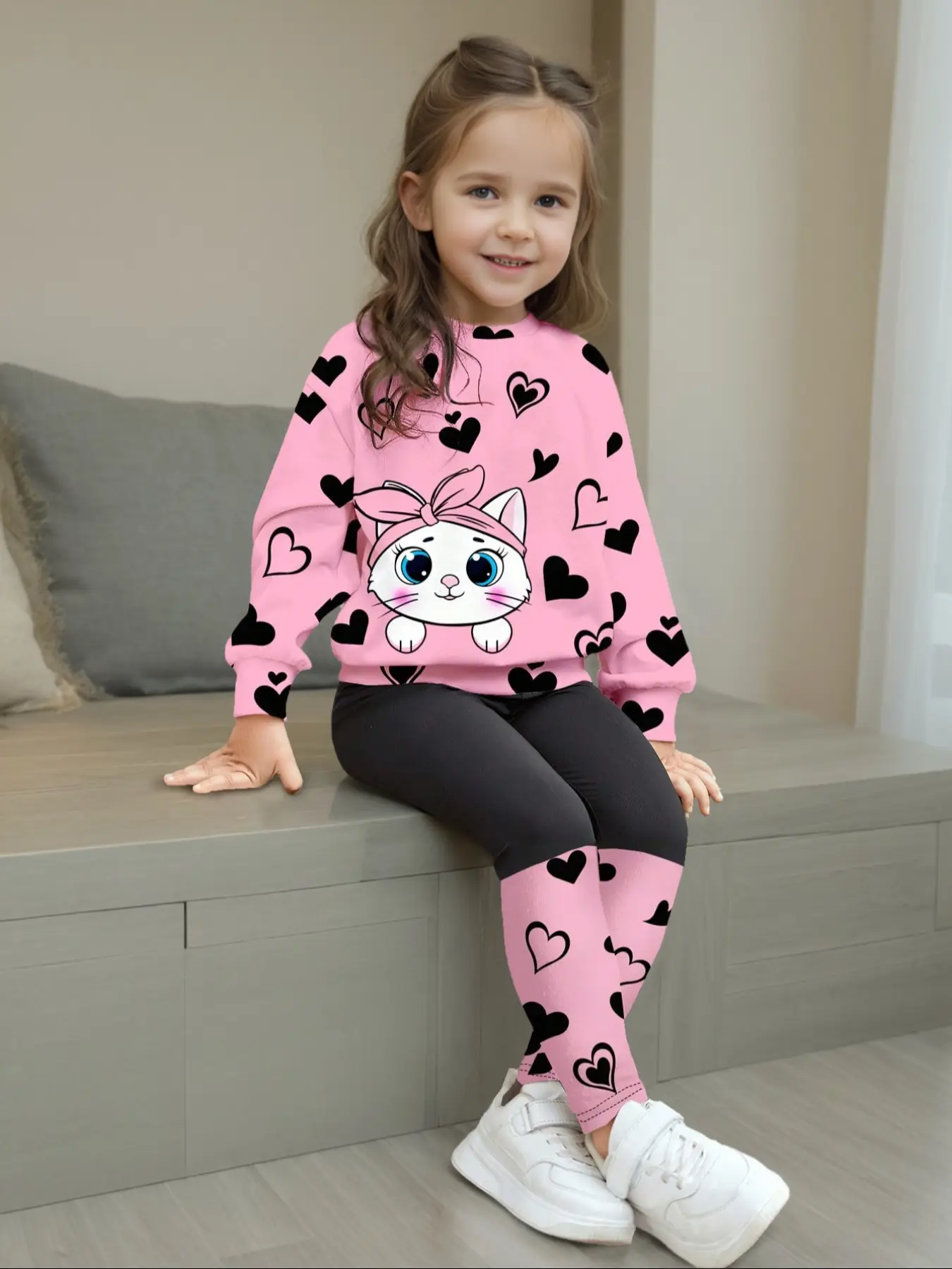 Cute Cat Heart Print Girls' Spring & Fall Set, Adorable Kids, Comfortable and Stylish Clothing Sets, Perfect for Daily Wear, Girl Clothes