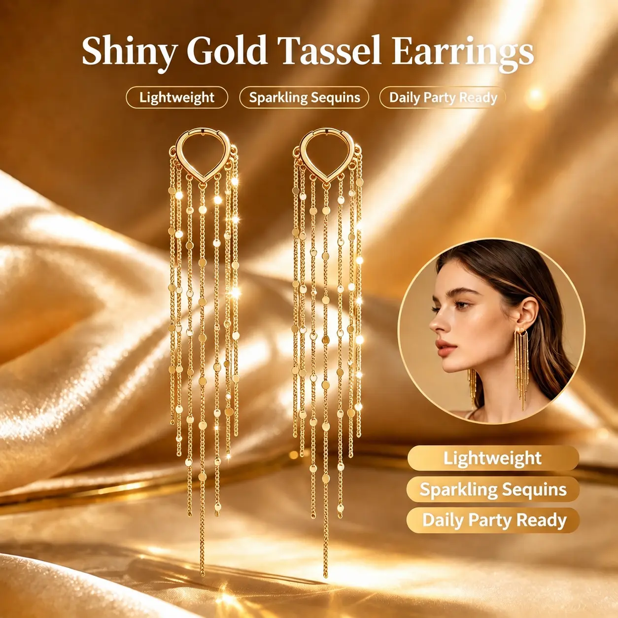 Women's Gold-Plated Long Tassel Drop Earrings - Hypoallergenic Sequined Chains with Heart-Shaped Clasp, Face Slimmer Product, Bling Effect, Metal Coating, Elegant Wedding/Birthday Fashion Jewelry Accessories, Gold Aesthetic, Wedding Glam