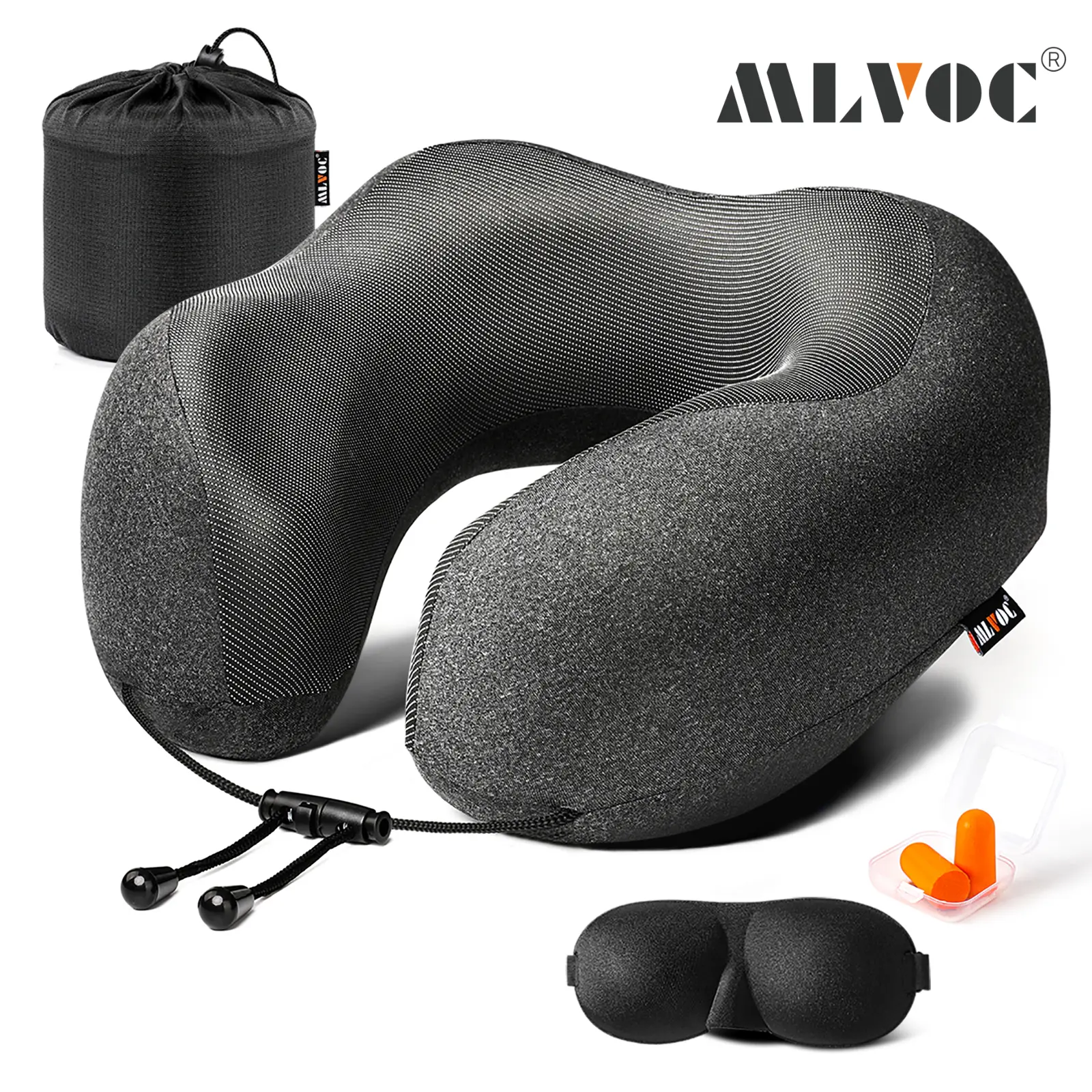 Mother's Day Gift MLVOC Travel Pillow Gift Package: 100% Pure Memory Foam Neck Pillow, Adjustable Comfort Breathable Cover, Airplane Travel Set with 3D Sleep mask, Earplugs Box, for Airplane, Car, Office, Home (Full Black)