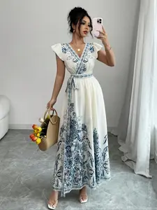 Women's Ethnic Pattern V Neck Dress, Elegant Casual Dress for Daily Outdoor Wear, Ladies Clothes for All Seasons