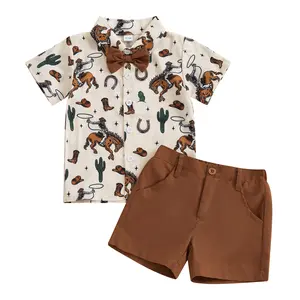 Toddler Baby Boy Western Outfit Horse Cactus Boots Print Short Sleeve Button Up Dress Shirt and Shorts Set 2Pcs Summer Clothes