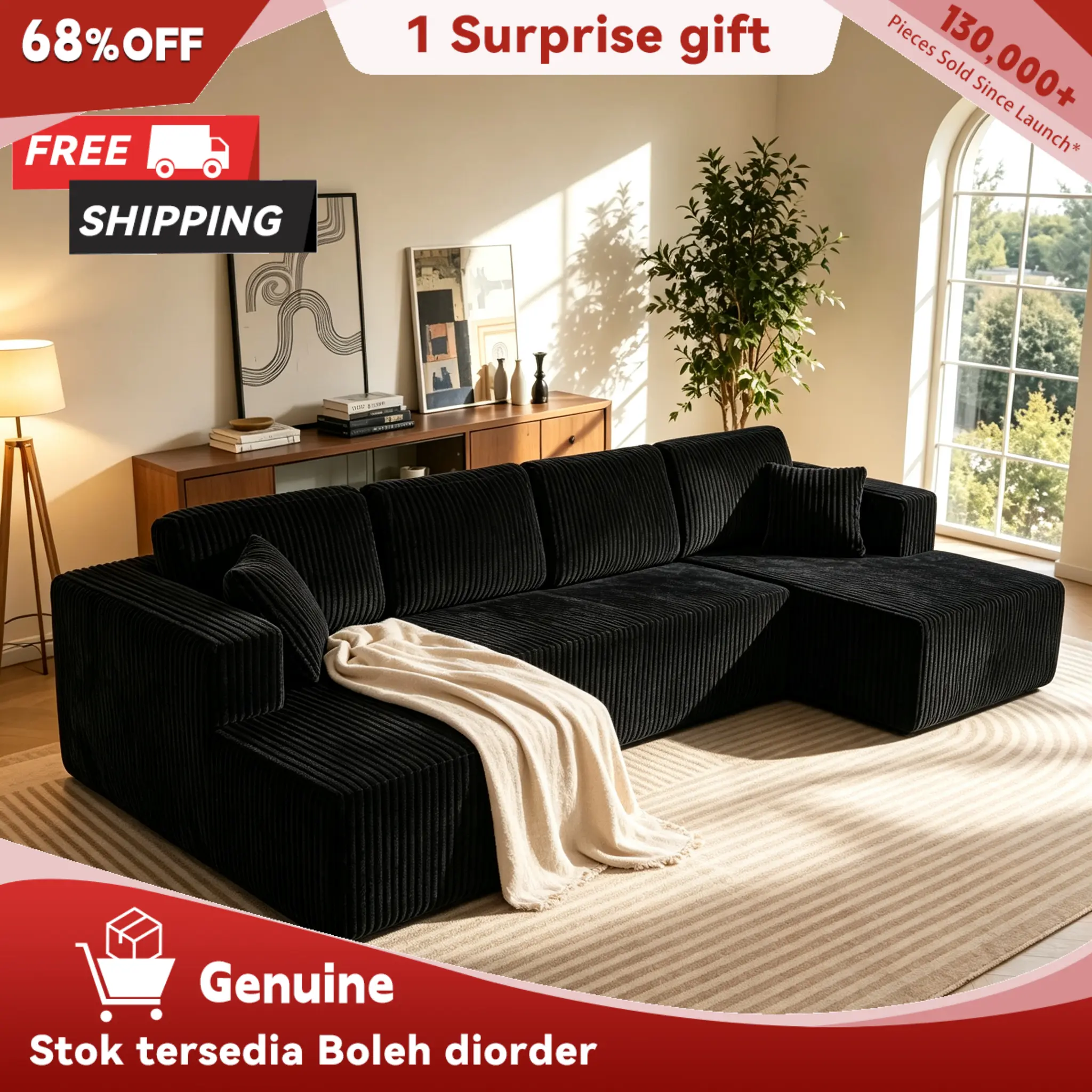 【2-3 Packages】Niccae Divideable U-Shaped Dual-Function Modular Sectional Sofa  132.5" Breathable Corduroy Upholstered 5-Seat Minimalist Oversized No-Assembly Living Room Furniture, Fixed Arms, 2 Pillows, Comfy Couch, Bedroom Furniture