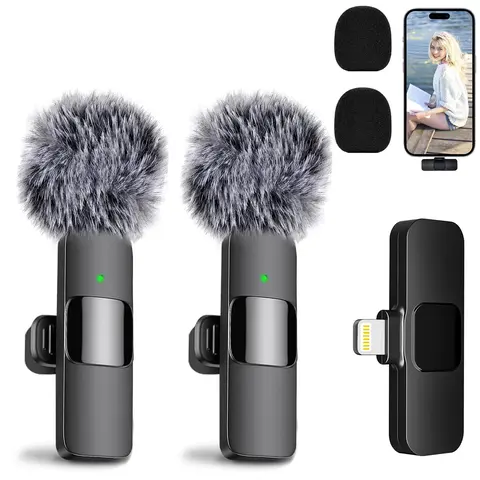2 PCS Clip-On Wireless Lavalier Microphones with Receiver - Audio, 2-Mic Voice Sync, 6h Recording, Charge-as-You-Film, Noise Cancellation, Rechargeable, Plug-and-Play for Lightning Port iPhone/iPad, USB-C Android (Video Recording, 2h Charging, 0.63oz)