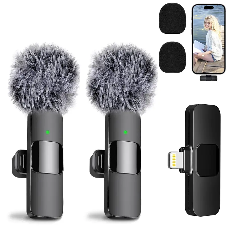 2 PCS Clip-On Wireless Lavalier Microphones with Receiver - Audio, 2-Mic Voice Sync, 6h Recording, Charge-as-You-Film, Noise Cancellation, Rechargeable, Plug-and-Play for Lightning Port iPhone/iPad, USB-C Android (Video Recording, 2h Charging, 0.63oz)