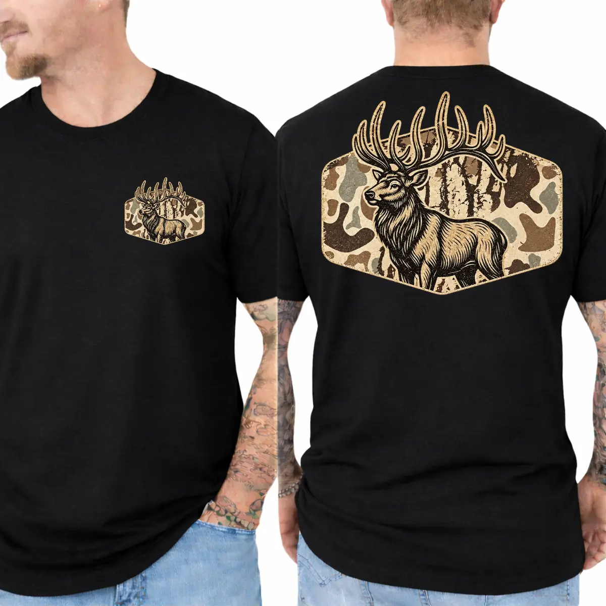 Elk Hunting T-Shirt - Majestic Bull Elk With Large Antlers And Distressed Camo Woodland Graphic , Matching Front Chest And Large Back Print , Men's Hunting Tee , Outdoor Sportsman Shirt , Hunting Camp Outfit , Gift For Elk Hunters And Outdoorsmen Top