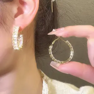 French-style Gold Full Diamond Hoop Earrings Super Beautiful Youthful Fashionable Temperament Women's Earrings