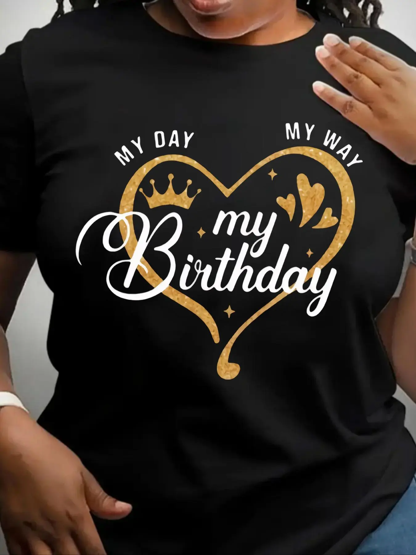 Women's "MY BIRTHDAY" Letter & Heart Print Round Neck Tee, Fashion Casual Style Crew Neck Short Sleeve Fit T-shirt for Daily Outdoor Wear, Ladies Summer Clothes, Top, Womenswear