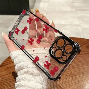 Compatible with iPhone 16 Pro Max /15/14/13/12 Phone Case Cherries and bows Pattern Electroplating luxury transparent four corner anti drop and shockproof phone case NHD32-23