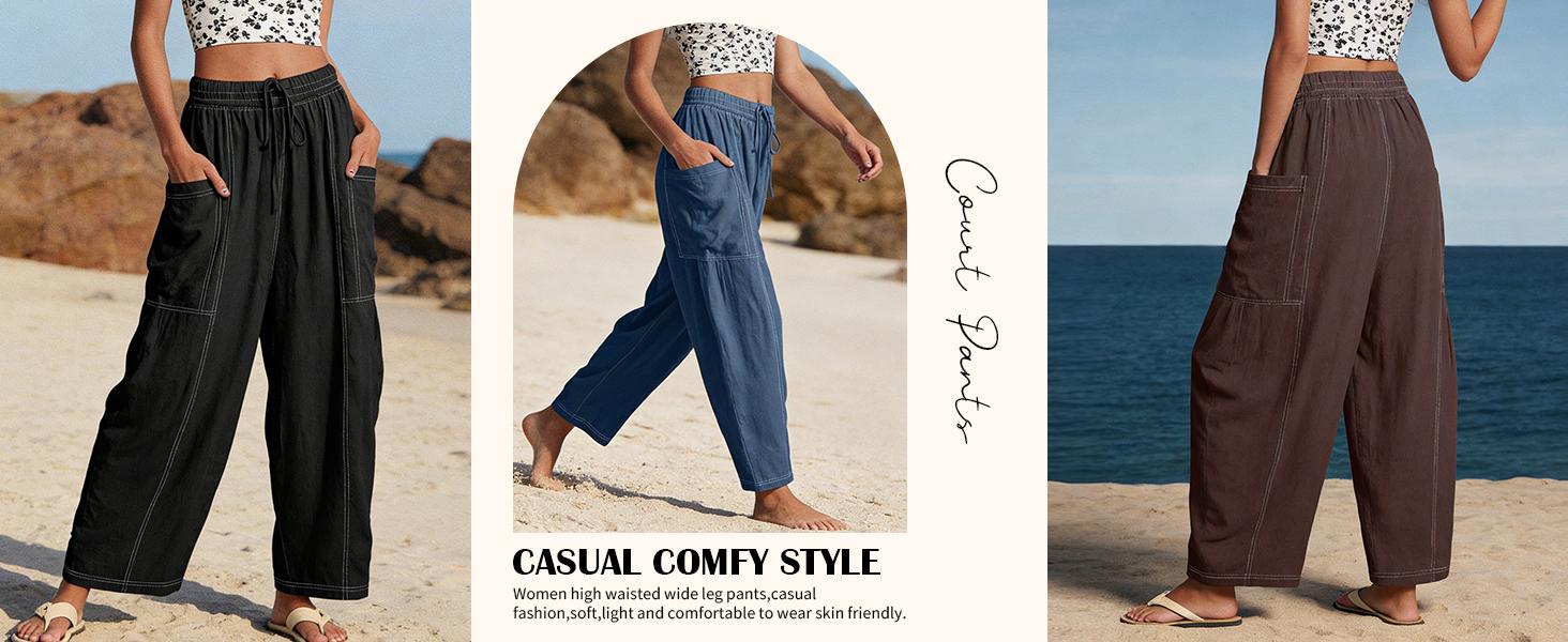 Yeokou Women's Oversized Wide Leg Lantern Pants Summer Beach High Waisted Capris Casual Baggy Trousers with Large Pockets Elastic Waist Yoga Lounge Pants