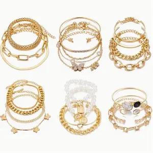 6 PACK (24 PCS) Chic Multi-layer Bracelet Set for Women with Vintage Simplicity and Tassel Hand Ornament, Multiple Layered Stackable Open Cuff Wrap Bangle, Boho Golden Chain Bracelets Set for Women, Adjustable Link Cuban Jewelry for Women Gift