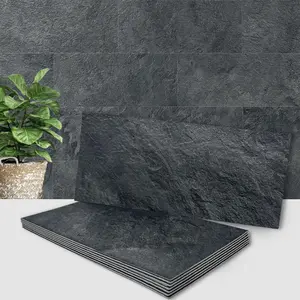 2-Piece Black Slate Peel and Stick Backsplash Wall Tiles, 6" x 12" PVC Faux Stone Stick on Tiles for Kitchen, Bathroom, Laundry Room, Camper, Fireplace