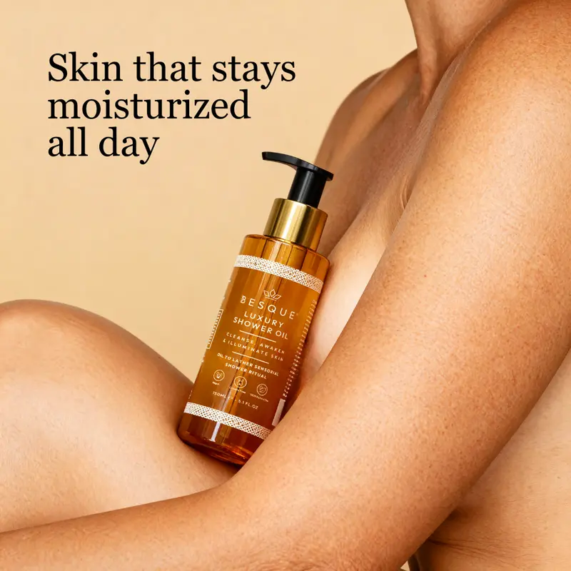 Besque Golden Hydrating Shower Cleanser Moisturizer - Aromatherapy Selfcare Oil-to-Milk Body Wash with Sweet Almond, Evening Primrose, Rosehip & Lavender Oils for Soft, Smooth, Radiant Skin - 150ml Bottle