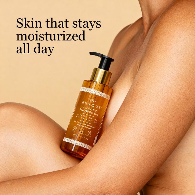 Besque Golden Hydrating Shower Cleanser Moisturizer - Aromatherapy Selfcare Oil-to-Milk Body Wash with Sweet Almond, Evening Primrose, Rosehip & Lavender Oils for Soft, Smooth, Radiant Skin - 150ml Bottle