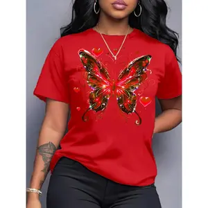Women's Butterfly Print Short-Sleeve Crew Neck Casual T-Shirt Lightweight Spring Summer Top Machine Washable Butterfly Design Everyday T-Shirt Comfortable Fit Women's T-Shirt