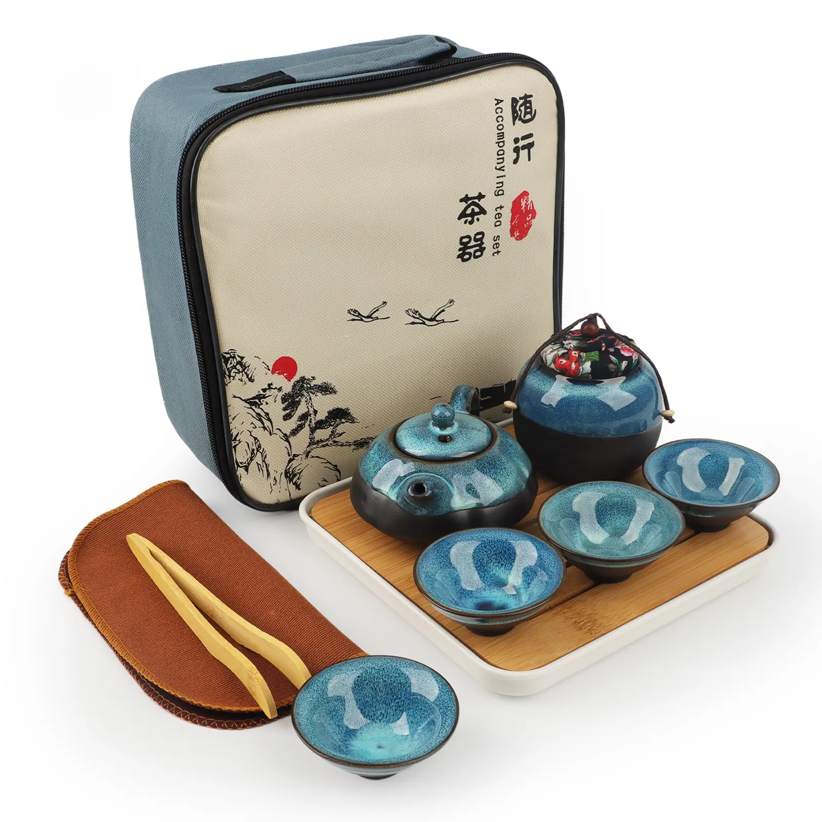 Ceramic Kungfu Tea Set Travel Tea Set with Portable Teapot/Teacups/Tea Canister/Tea Tray and Travel Bag,Suitable for Travel/Home/Outdoor and Office