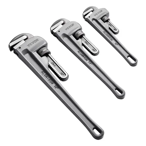 VEVOR 3-Piece CRV Alloy Pipe Wrench Set, 10-in/14-in/18-in Lightweight Aluminum Straight Wrenches, 52HRC Hardened High-Strength Jaw, Ergonomic Handle, Smooth Singlehand Easy Adjustment, Hangable Design, Mechanic Tools for Plumbing, Automotive Repairs